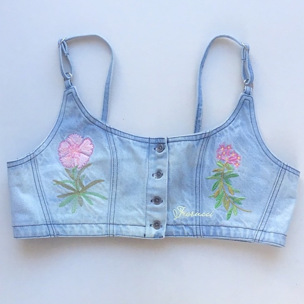 Fiorucci Alpine floral embroidered denim crop top